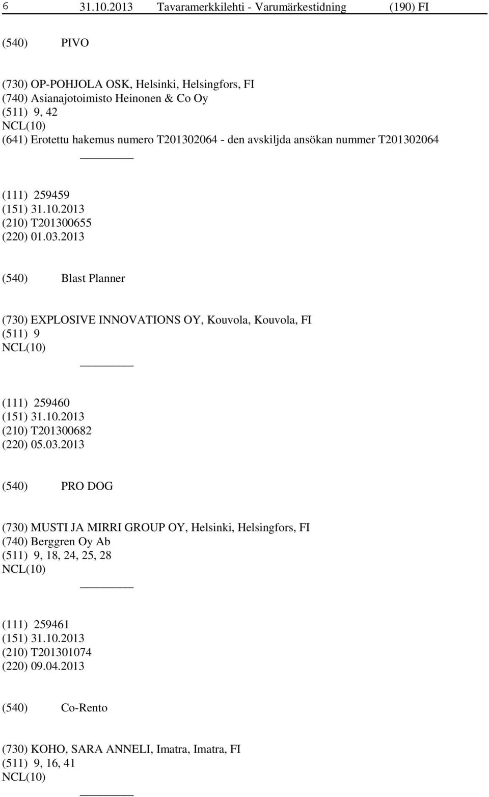 (641) Erotettu hakemus numero T201302064 - den avskiljda ansökan nummer T201302064 (111) 259459 (210) T201300655 (220) 01.03.