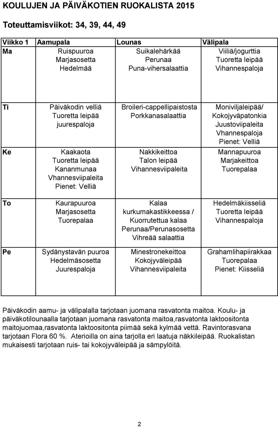 Moniviljaleipää/ Kokojyväpatonkia Juustoviipaleita Vhannespaloja nnapuuroa rjakeittoa Kaurapuuroa Kalaa kurkumakastikkeessa /