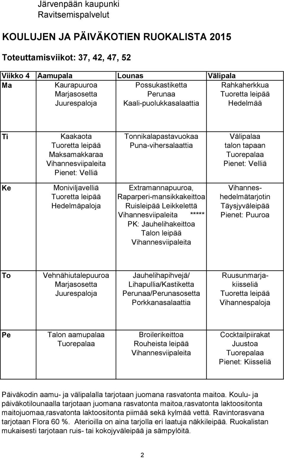 Raparperi-mansikkakeittoa Leikkelettä ***** PK: Jauhelihakeittoa Vihanneshedelmätarjotin Täysjyväleipää Vehnähiutalepuuroa