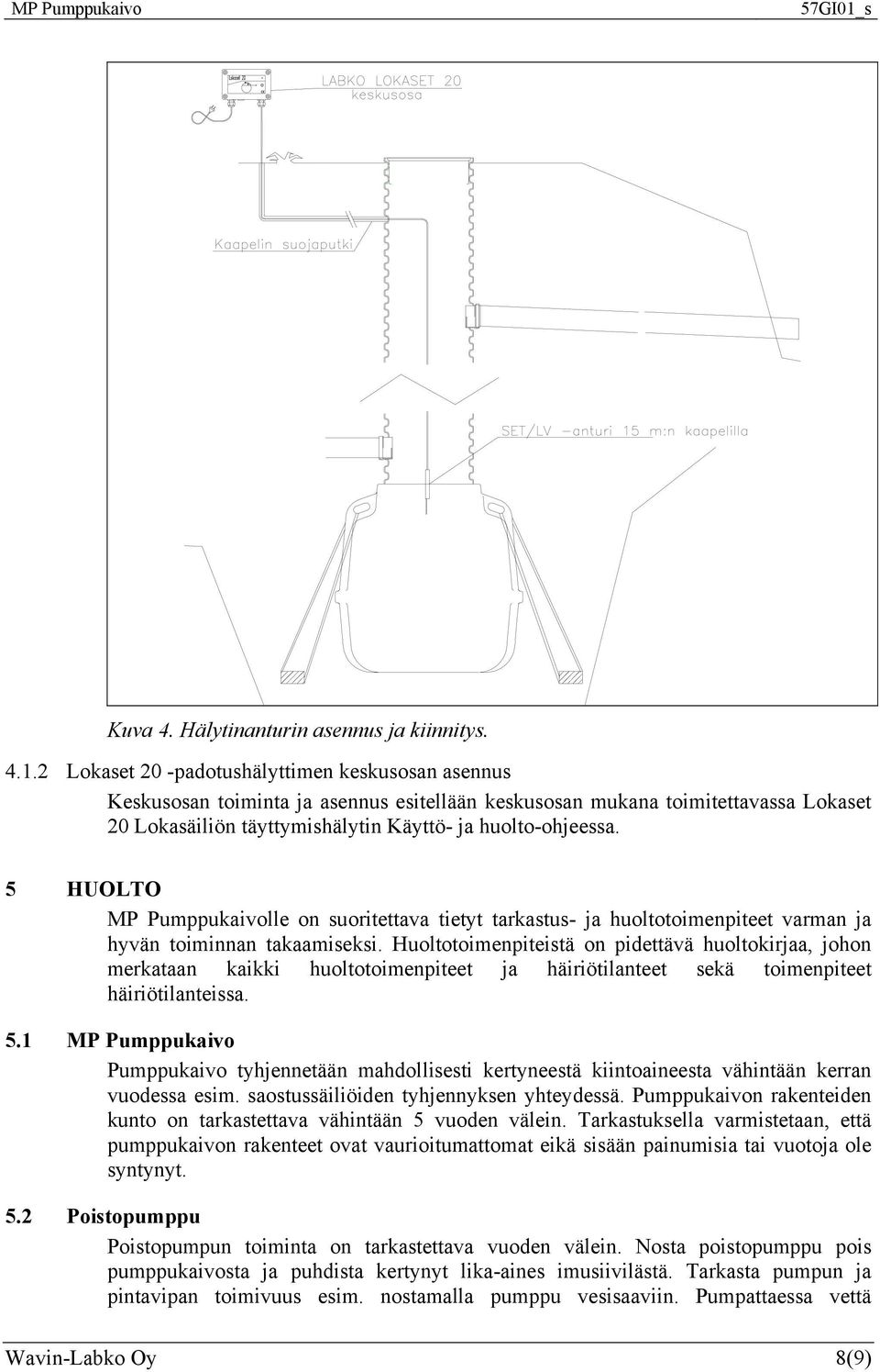 5 HUOLTO MP Pumppukaivolle on suoritettava tietyt tarkastus- ja huoltotoimenpiteet varman ja hyvän toiminnan takaamiseksi.