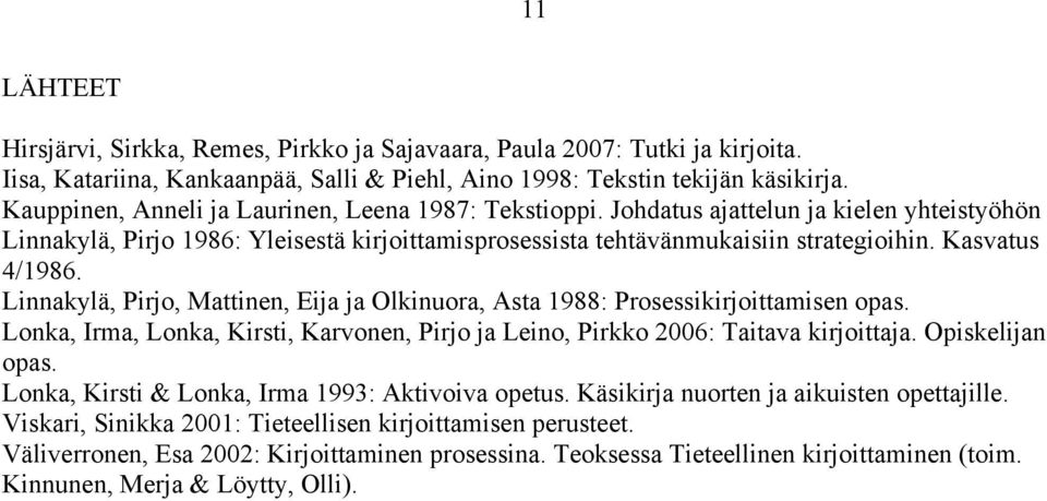 Kasvatus 4/1986. Linnakylä, Pirjo, Mattinen, Eija ja Olkinuora, Asta 1988: Prosessikirjoittamisen opas. Lonka, Irma, Lonka, Kirsti, Karvonen, Pirjo ja Leino, Pirkko 2006: Taitava kirjoittaja.