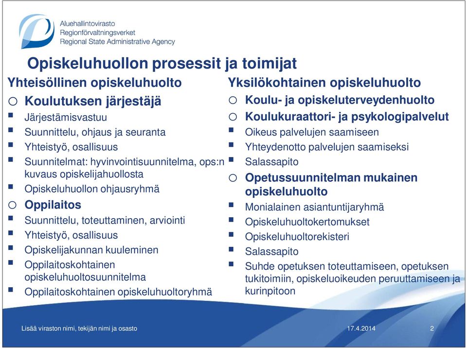 Oppilaitoskohtainen opiskeluhuoltosuunnitelma Oppilaitoskohtainen opiskeluhuoltoryhmä Yksilökohtainen opiskeluhuolto o Koulu- ja opiskeluterveydenhuolto o Koulukuraattori- ja psykologipalvelut Oikeus