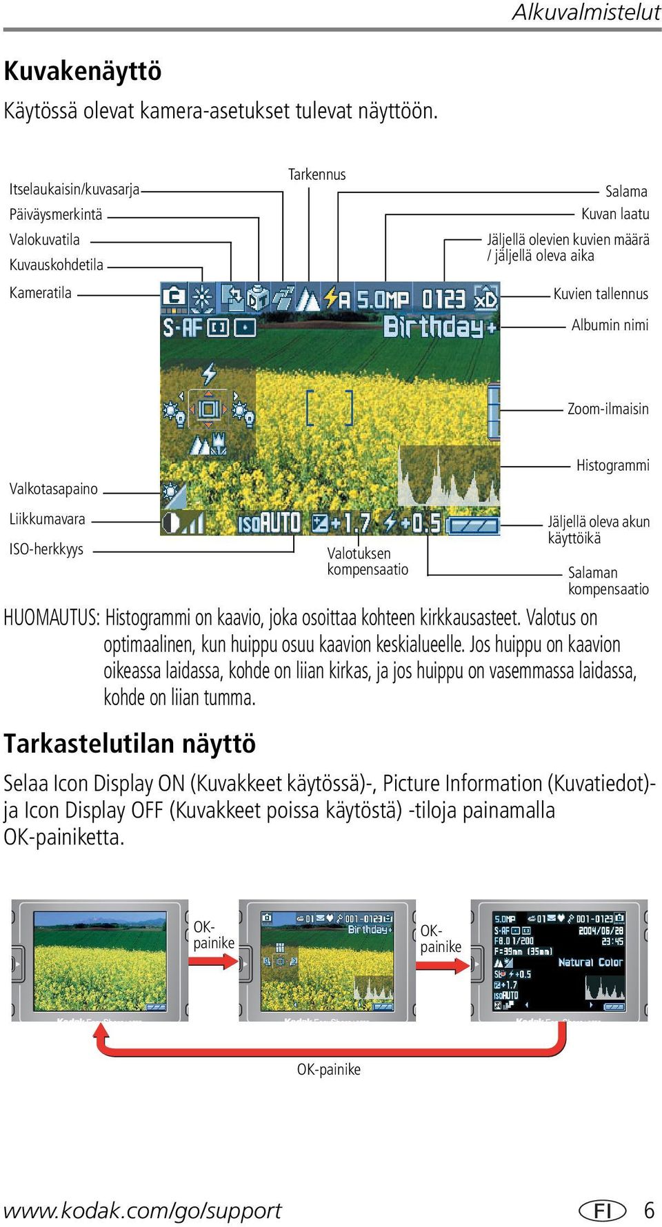 Zoom-ilmaisin Valkotasapaino Liikkumavara ISO-herkkyys Valotuksen kompensaatio Histogrammi Jäljellä oleva akun käyttöikä Salaman kompensaatio HUOMAUTUS: Histogrammi on kaavio, joka osoittaa kohteen