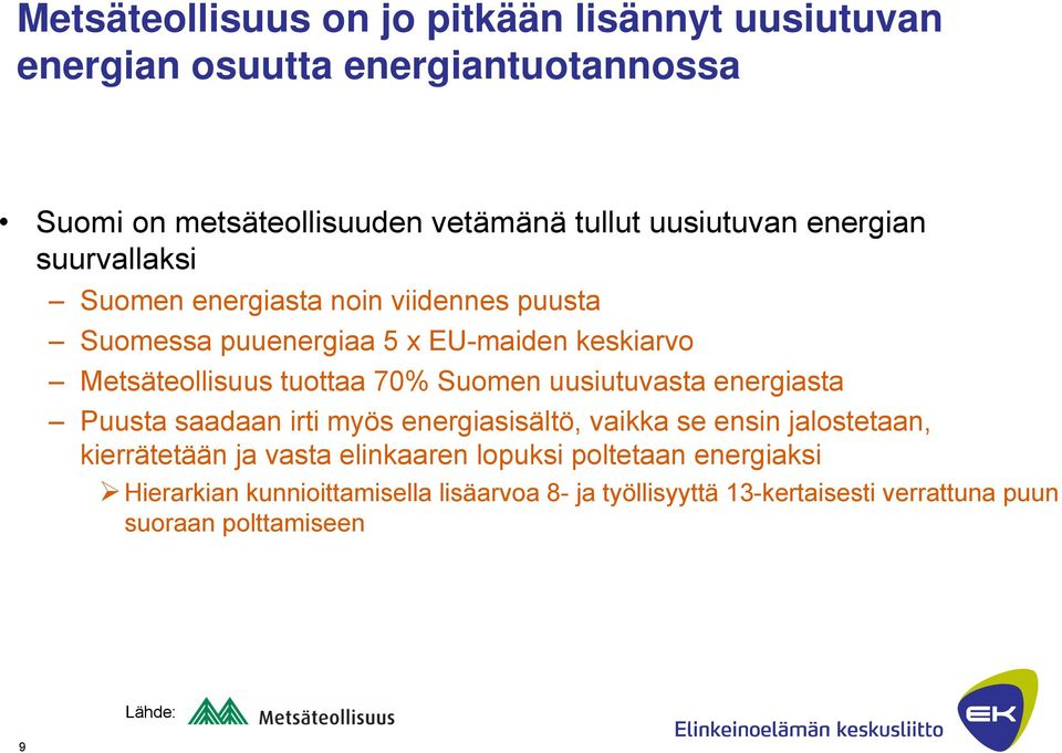 tuottaa 70% Suomen uusiutuvasta energiasta Puusta saadaan irti myös energiasisältö, vaikka se ensin jalostetaan, kierrätetään ja vasta