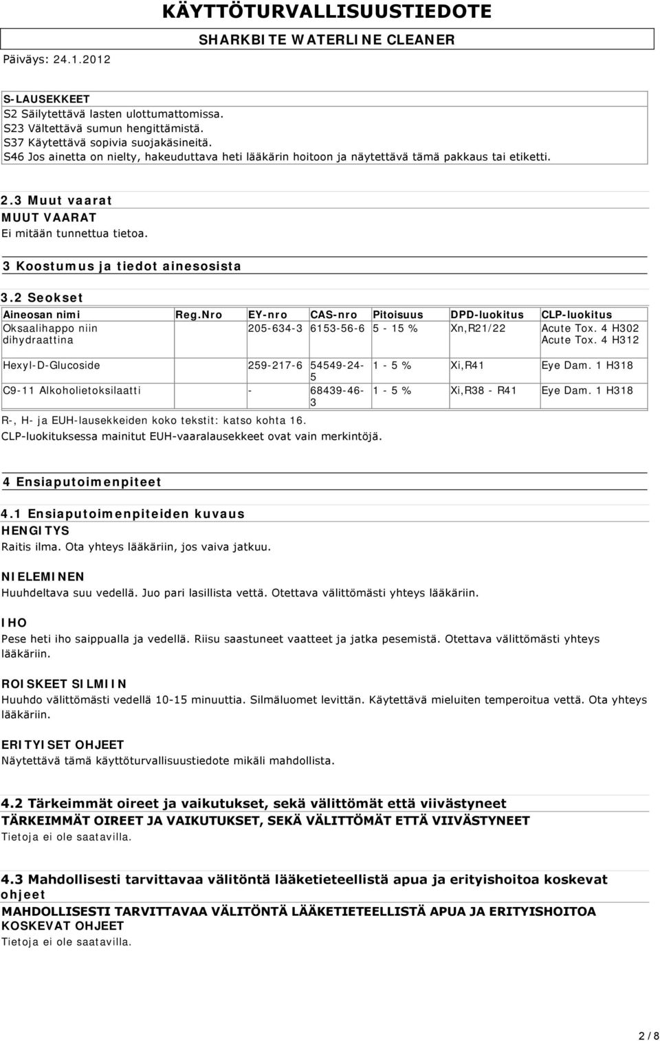 2 Seokset Aineosan nimi Reg.Nro EY-nro CAS-nro Pitoisuus DPD-luokitus CLP-luokitus Oksaalihappo niin dihydraattina 205-634-3 6153-56-6 5-15 % Xn,R21/22 Acute Tox. 4 H302 Acute Tox.