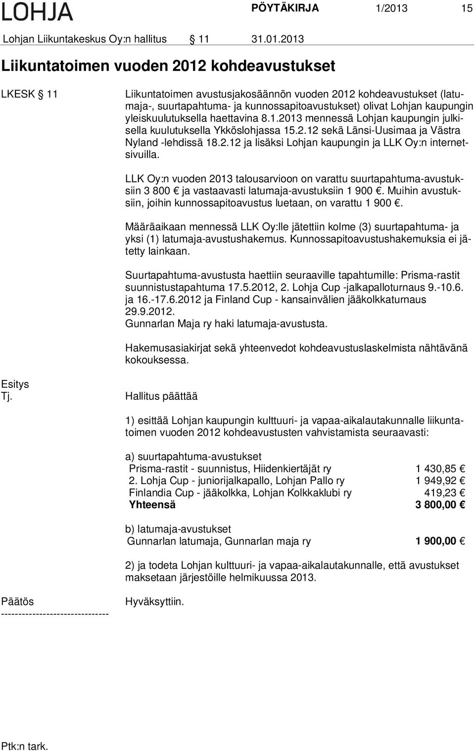 2013 Liikuntatoimen vuoden 2012 kohdeavustukset LKESK 11 Liikuntatoimen avustusjakosäännön vuoden 2012 kohdeavustukset (latumaja-, suurtapahtuma- ja kunnossapitoavustukset) olivat Lohjan kaupungin