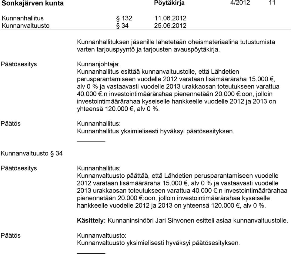 000, alv 0 % ja vastaavasti vuodelle 2013 urakkaosan toteutukseen varattua 40.000 :n investointimäärärahaa pienennetään 20.