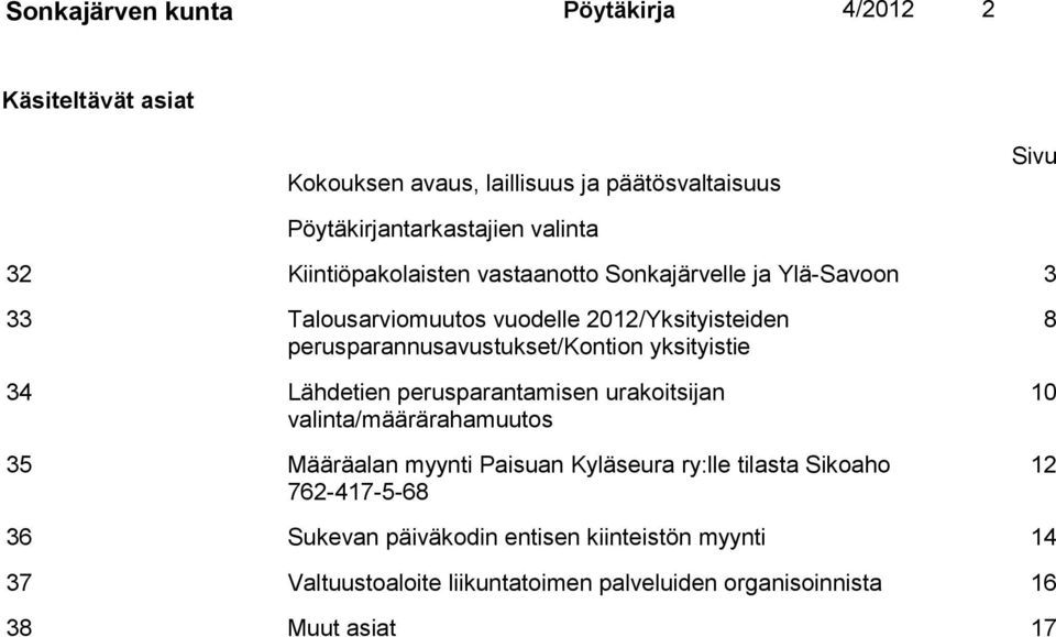 yksityistie 34 Lähdetien perusparantamisen urakoitsijan valinta/määrärahamuutos 35 Määräalan myynti Paisuan Kyläseura ry:lle tilasta Sikoaho