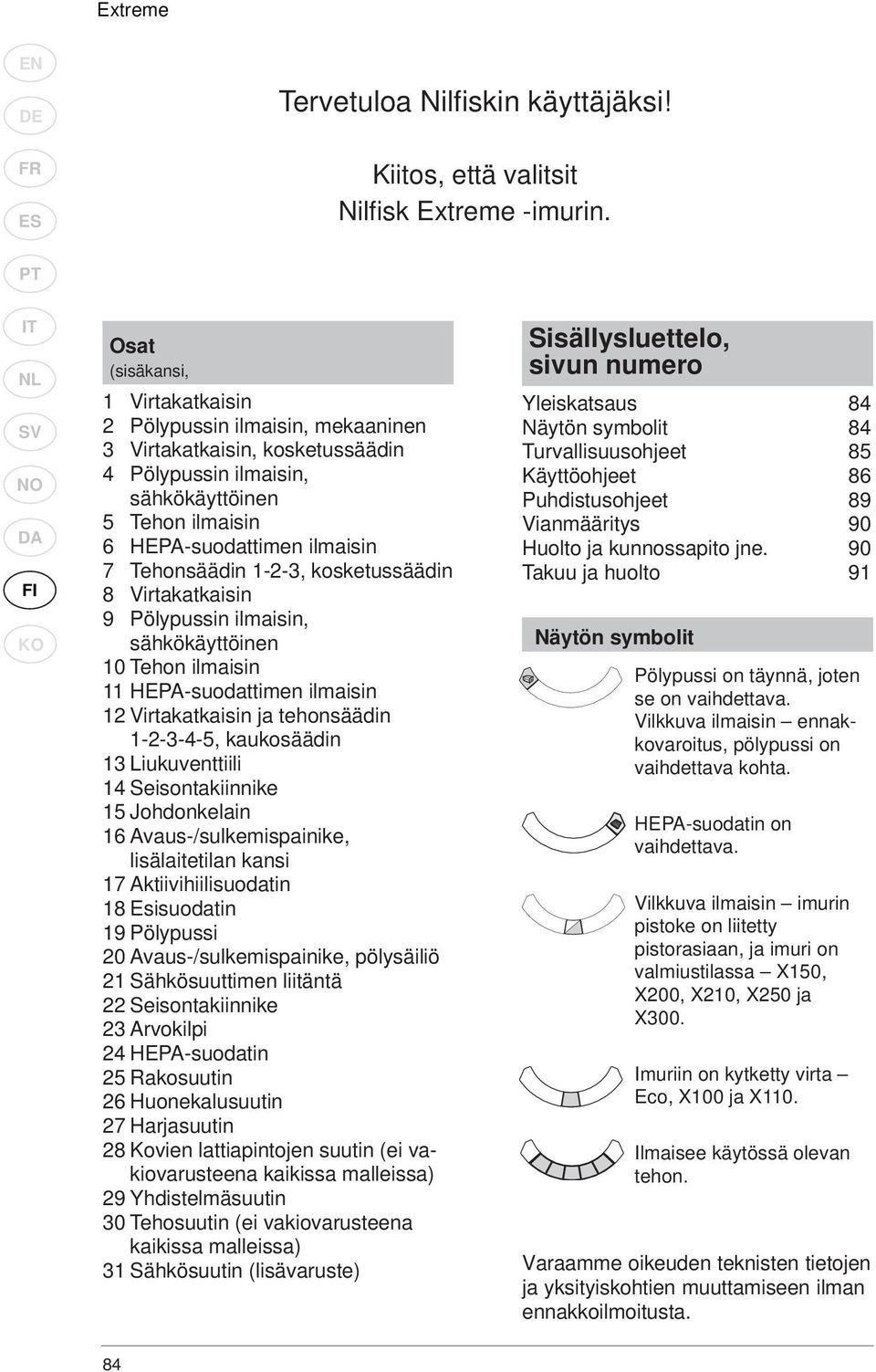 ilmaisin 7 Tehonsäädin 1-2-3, kosketussäädin 8 Virtakatkaisin 9 Pölypussin ilmaisin, sähkökäyttöinen 10 Tehon ilmaisin 11 HEPA-suodattimen ilmaisin 12 Virtakatkaisin ja tehonsäädin 1-2-3-4-5,