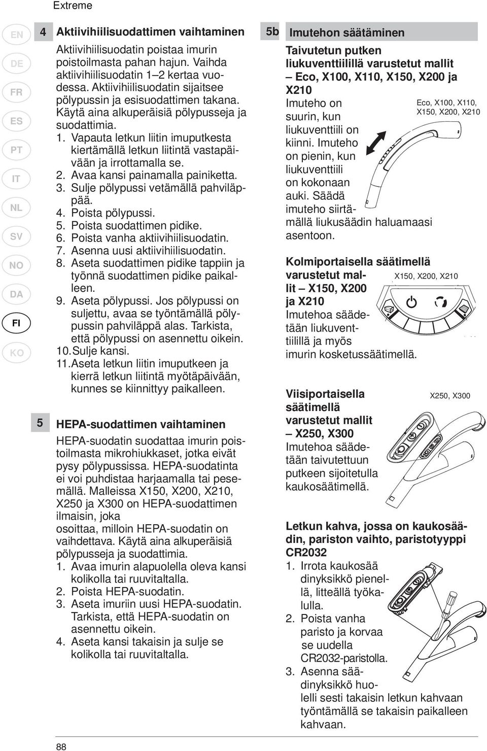 Aktiivihiilisuodatin sijaitsee X210 Eco, X100, X110, X150, X200 ja pölypussin ja esisuodattimen takana. Imuteho on Käytä aina alkuperäisiä pölypusseja ja suurin, kun suodattimia. liukuventtiili on 1.