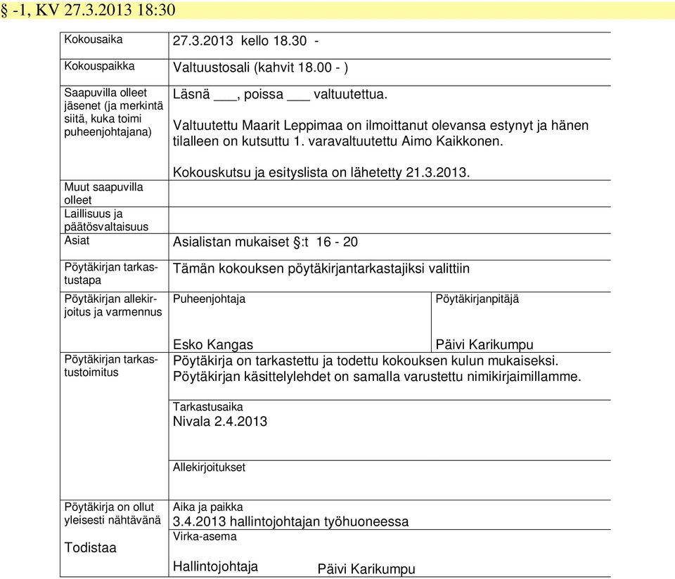 Valtuutettu Maarit Leppimaa on ilmoittanut olevansa estynyt ja hänen tilalleen on kutsuttu 1. varavaltuutettu Aimo Kaikkonen. Kokouskutsu ja esityslista on lähetetty 21.3.2013.