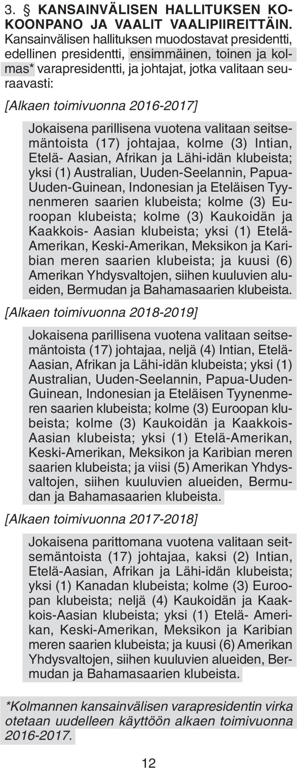 Jokaisena parillisena vuotena valitaan seitsemäntoista (17) johtajaa, kolme (3) Intian, Etelä- Aasian, Afrikan ja Lähi-idän klubeista; yksi (1) Australian, Uuden-Seelannin, Papua- Uuden-Guinean,