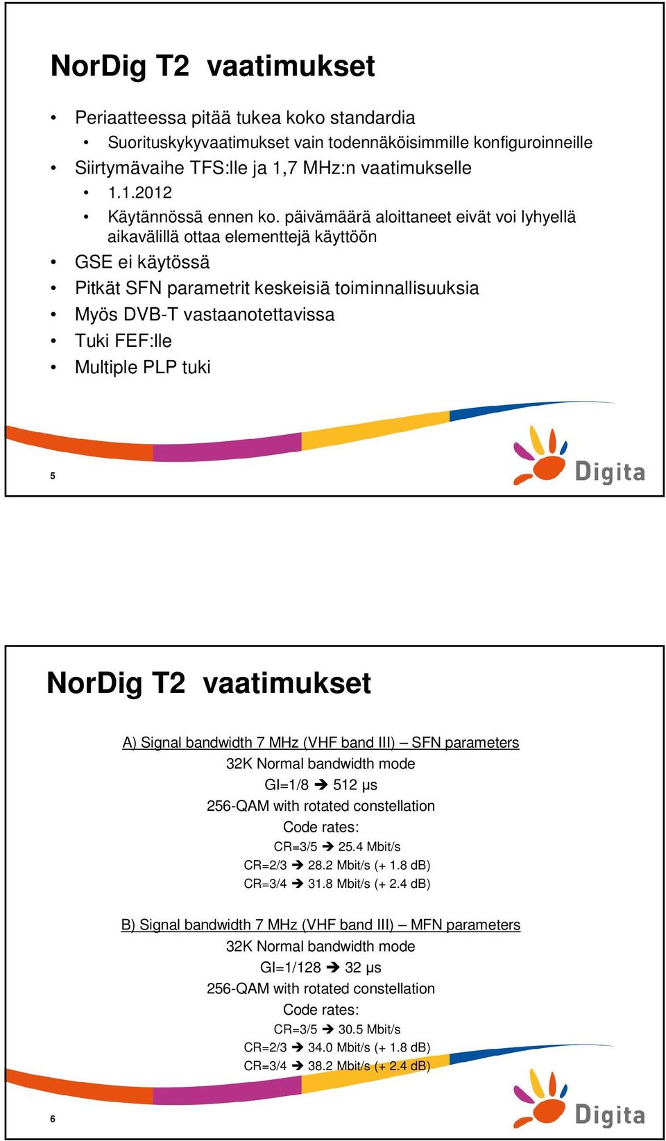 PLP tuki 5 NorDig T2 vaatimukset A) Signal bandwidth 7 MHz (VHF band III) SFN parameters 32K Normal bandwidth mode GI=1/8 512 µs 256-QAM with rotated constellation Code rates: CR=3/5 25.