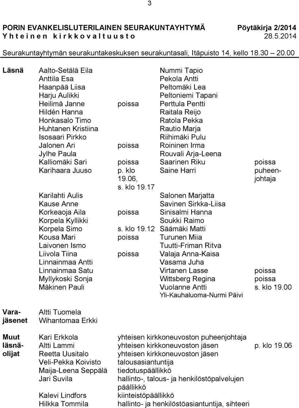 00 Läsnä Aalto-Setälä Eila Nummi Tapio Anttila Esa Pekola Antti Haanpää Liisa Peltomäki Lea Harju Aulikki Peltoniemi Tapani Heilimä Janne poissa Perttula Pentti Hildén Hanna Raitala Reijo Honkasalo