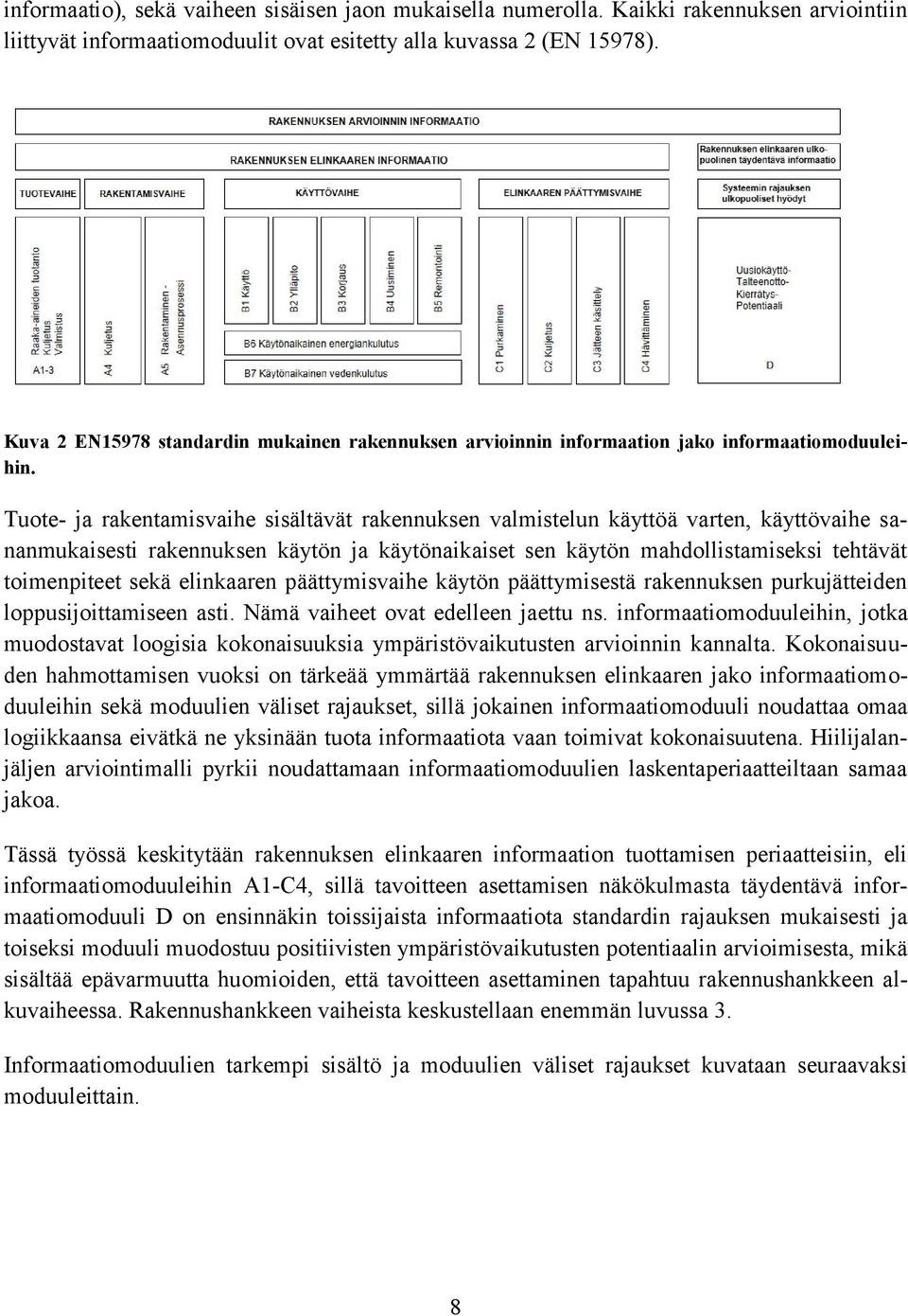 Tuote- ja rakentamisvaihe sisältävät rakennuksen valmistelun käyttöä varten, käyttövaihe sananmukaisesti rakennuksen käytön ja käytönaikaiset sen käytön mahdollistamiseksi tehtävät toimenpiteet sekä