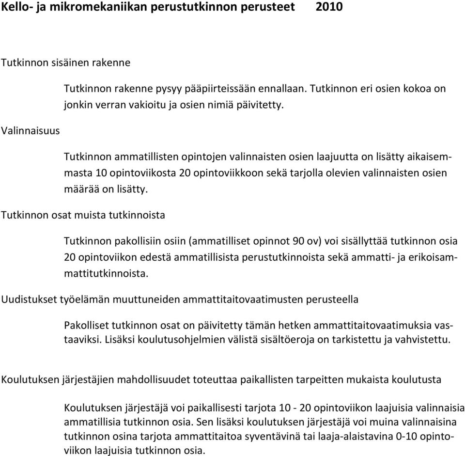 Tutkinnon ammatillisten opintojen valinnaisten osien laajuutta on lisätty aikaisemmasta 10 opintoviikosta 20 opintoviikkoon sekä tarjolla olevien valinnaisten osien määrää on lisätty.