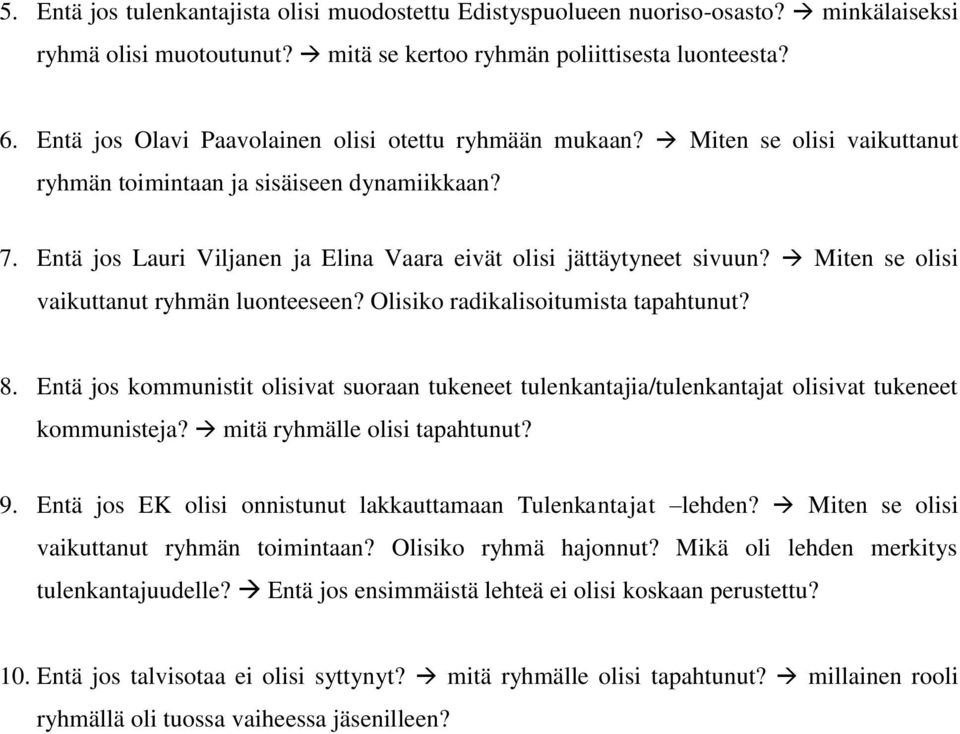 Entä jos Lauri Viljanen ja Elina Vaara eivät olisi jättäytyneet sivuun? Miten se olisi vaikuttanut ryhmän luonteeseen? Olisiko radikalisoitumista tapahtunut? 8.