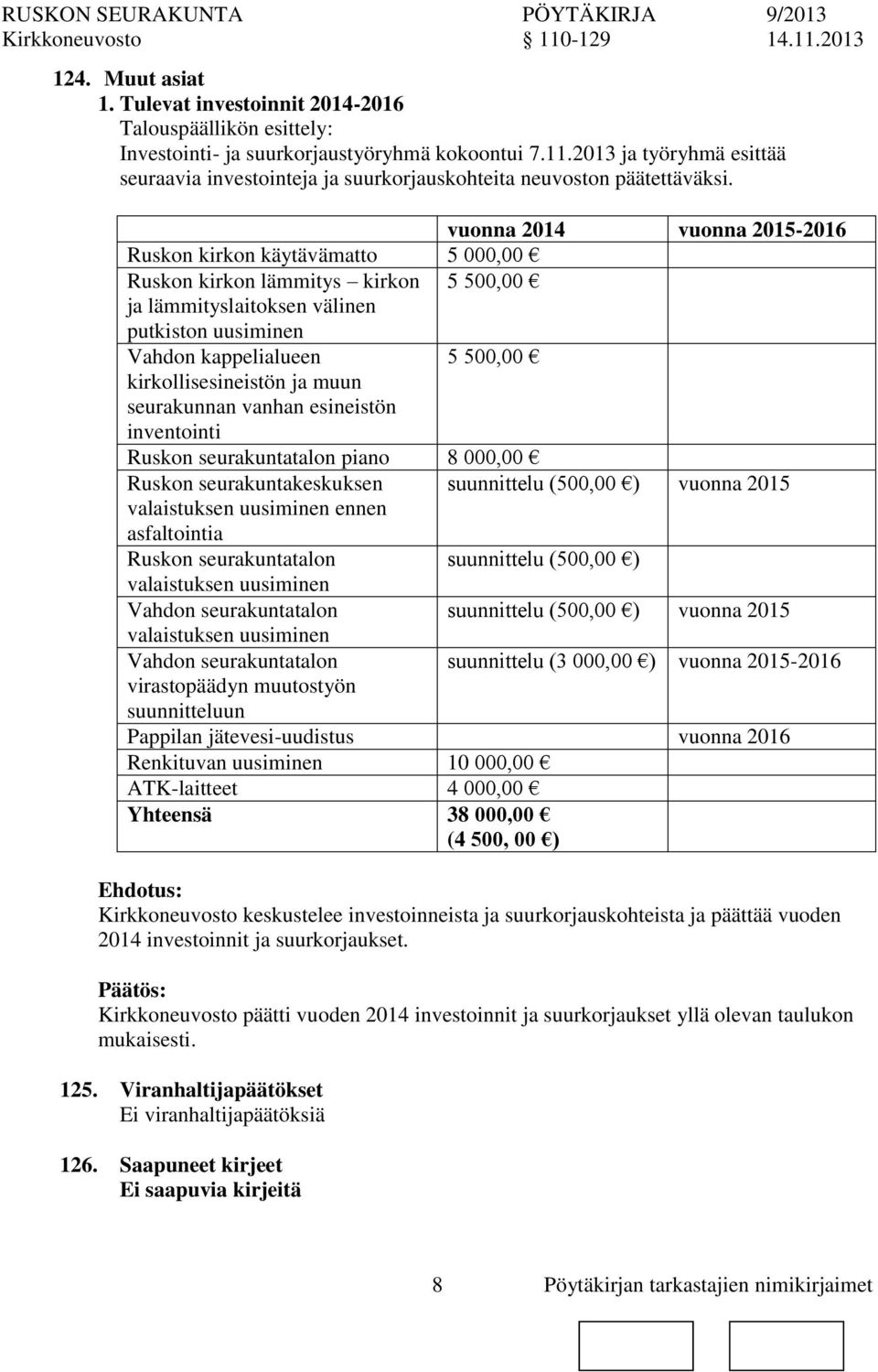 seurakunnan vanhan esineistön inventointi Rusk seurakuntatal piano 8 000,00 Rusk seurakuntakeskuksen suunnittelu (500,00 ) vuna 2015 valaistuksen uusiminen ennen asfaltointia Rusk seurakuntatal