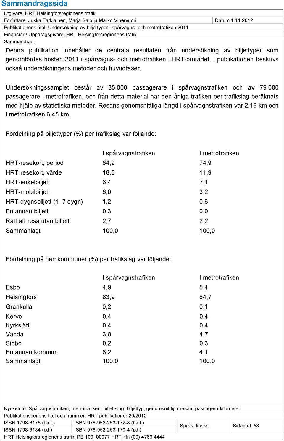 centrala resultaten från undersökning av biljettyper som genomfördes hösten 2011 i spårvagns- och metrotrafiken i HRT-området. I publikationen beskrivs också undersökningens metoder och huvudfaser.