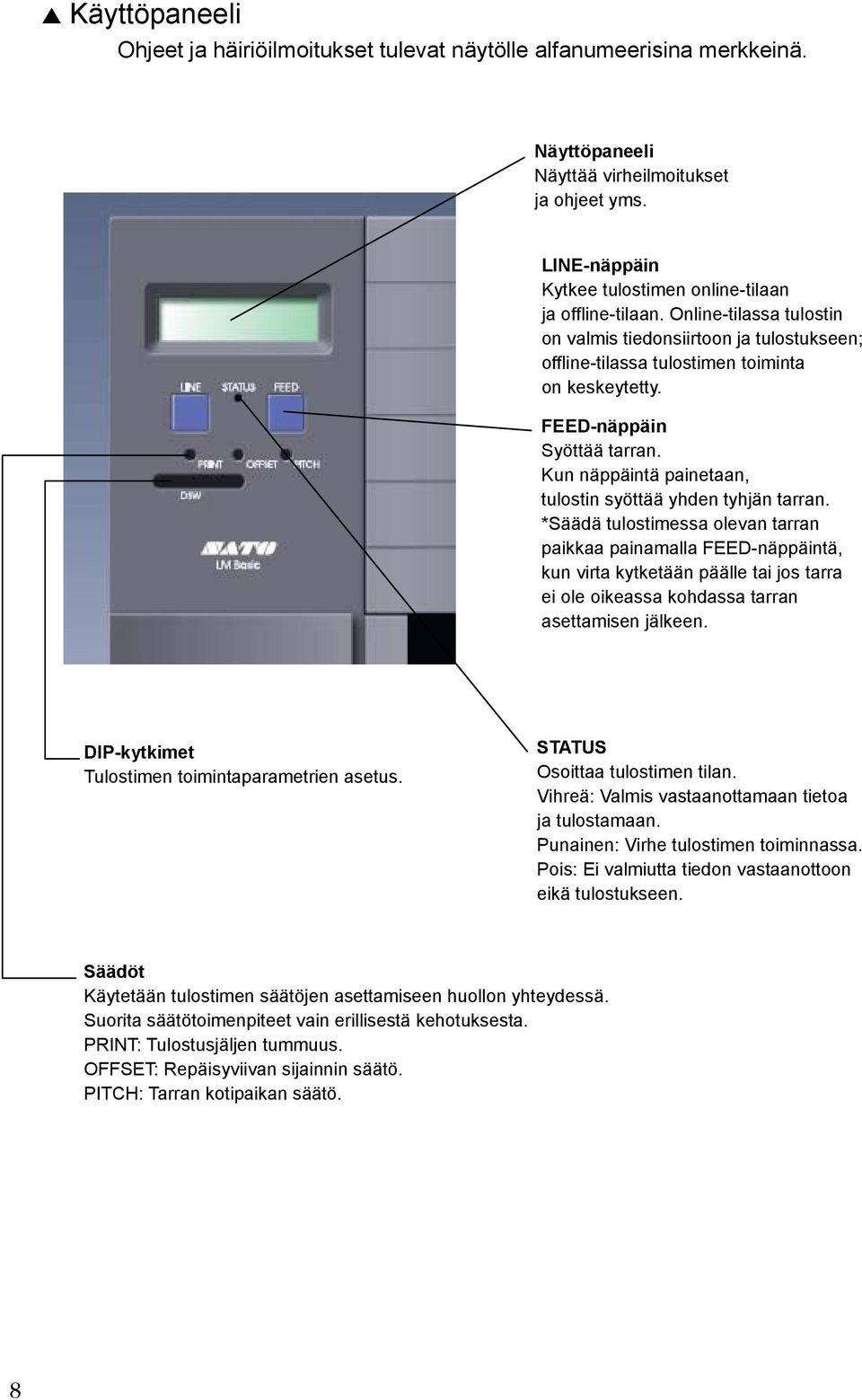 FEED-näppäin Syöttää tarran. Kun näppäintä painetaan, tulostin syöttää yhden tyhjän tarran.