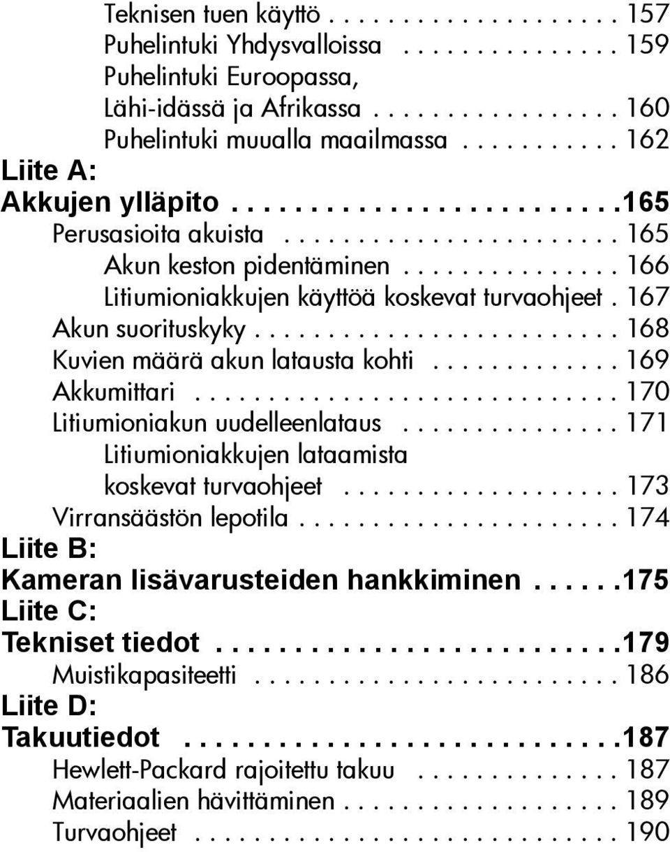 167 Akun suorituskyky......................... 168 Kuvien määrä akun latausta kohti............. 169 Akkumittari............................. 170 Litiumioniakun uudelleenlataus.