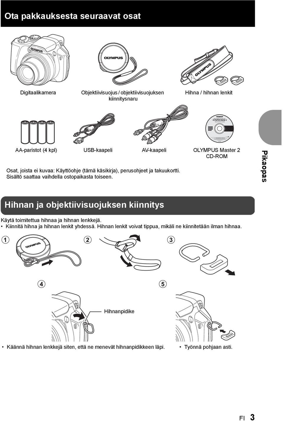 Sisältö saattaa vaihdella ostopaikasta toiseen. Pikaopas Hihnan ja objektiivisuojuksen kiinnitys Käytä toimitettua hihnaa ja hihnan lenkkejä.