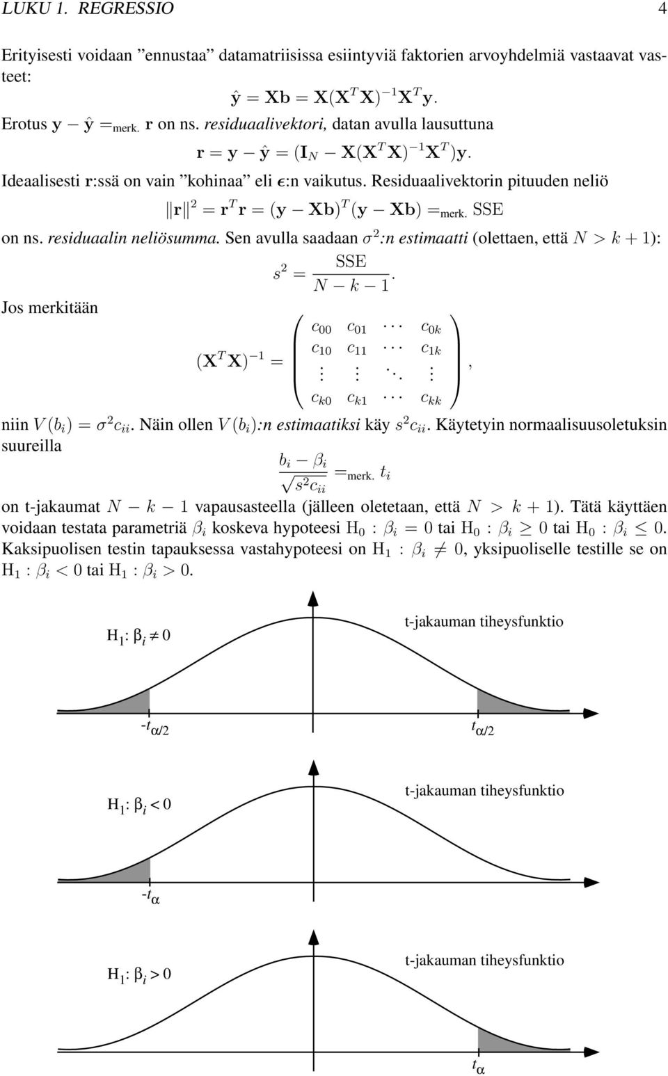 avulla saadaan σ 2 :n estimaatti (olettaen, että N>k+): s 2 SSE = N k Jos merkitään c 00 c 0 c 0k (X T X) c 0 c c k =, c k0 c k c kk niin V (b i )=σ 2 c ii Näin ollen V (b i ):n estimaatiksi käy s 2