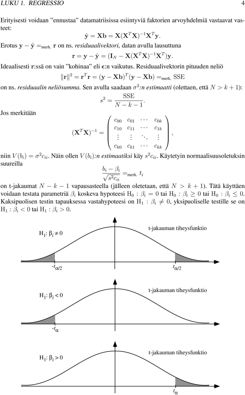 avulla saadaan σ 2 :n estimaatti (olettaen, että N>k+): s 2 SSE = N k Jos merkitään c 00 c 0 c 0k (X T X) c 0 c c k =, c k0 c k c kk niin V (b i )=σ 2 c ii Näin ollen V (b i ):n estimaatiksi käy s 2