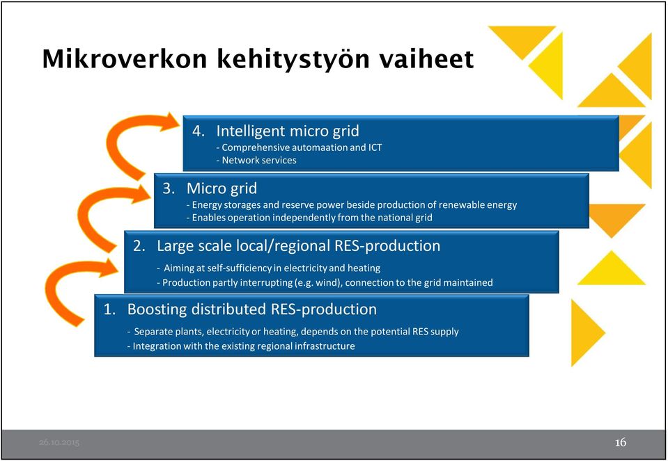 Large scale local/regional RES-production - Aiming at self-sufficiency in electricity and heating - Production partly interrupting (e.g. wind), connection to the grid maintained 1.