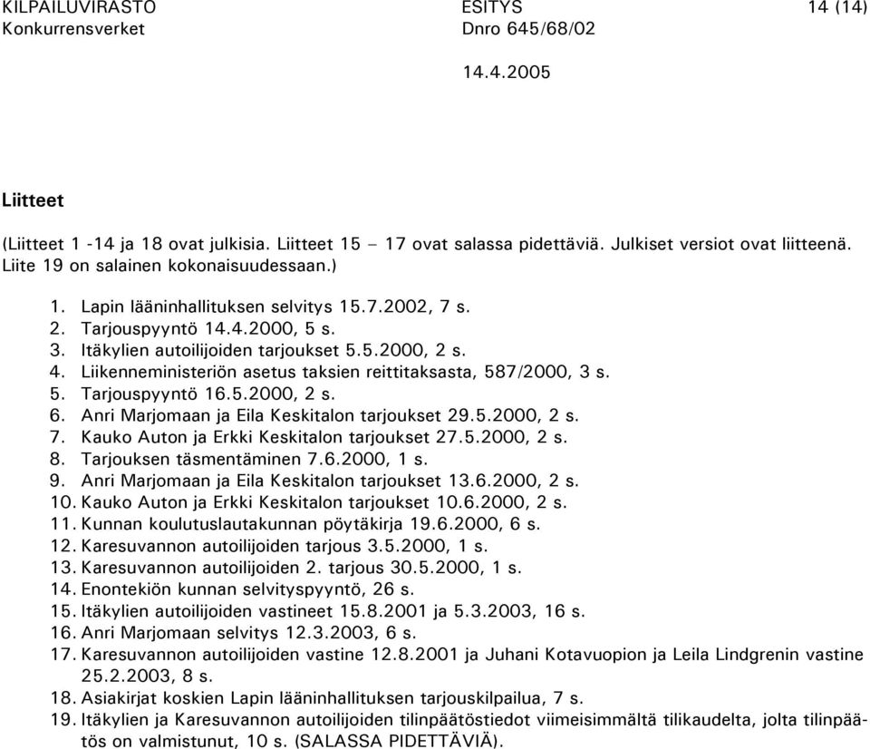 Liikenneministeriön asetus taksien reittitaksasta, 587/2000, 3 s. 5. Tarjouspyyntö 16.5.2000, 2 s. 6. Anri Marjomaan ja Eila Keskitalon tarjoukset 29.5.2000, 2 s. 7.