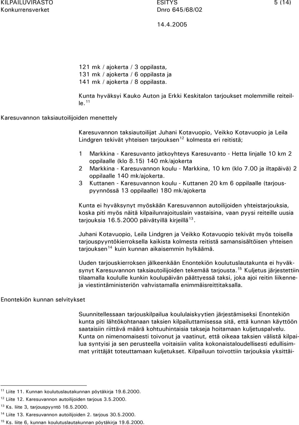 11 Karesuvannon taksiautoilijat Juhani Kotavuopio, Veikko Kotavuopio ja Leila Lindgren tekivät yhteisen tarjouksen 12 kolmesta eri reitistä; 1 Markkina - Karesuvanto jatkoyhteys Karesuvanto - Hetta