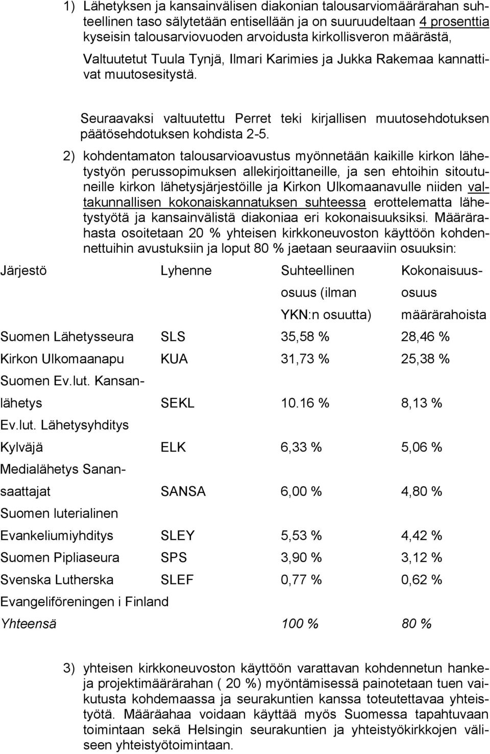 2) kohdentamaton talousarvioavustus myönnetään kaikille kirkon lähetystyön perussopimuksen allekirjoittaneille, ja sen ehtoihin sitoutuneille kirkon lähetysjärjestöille ja Kirkon Ulkomaanavulle