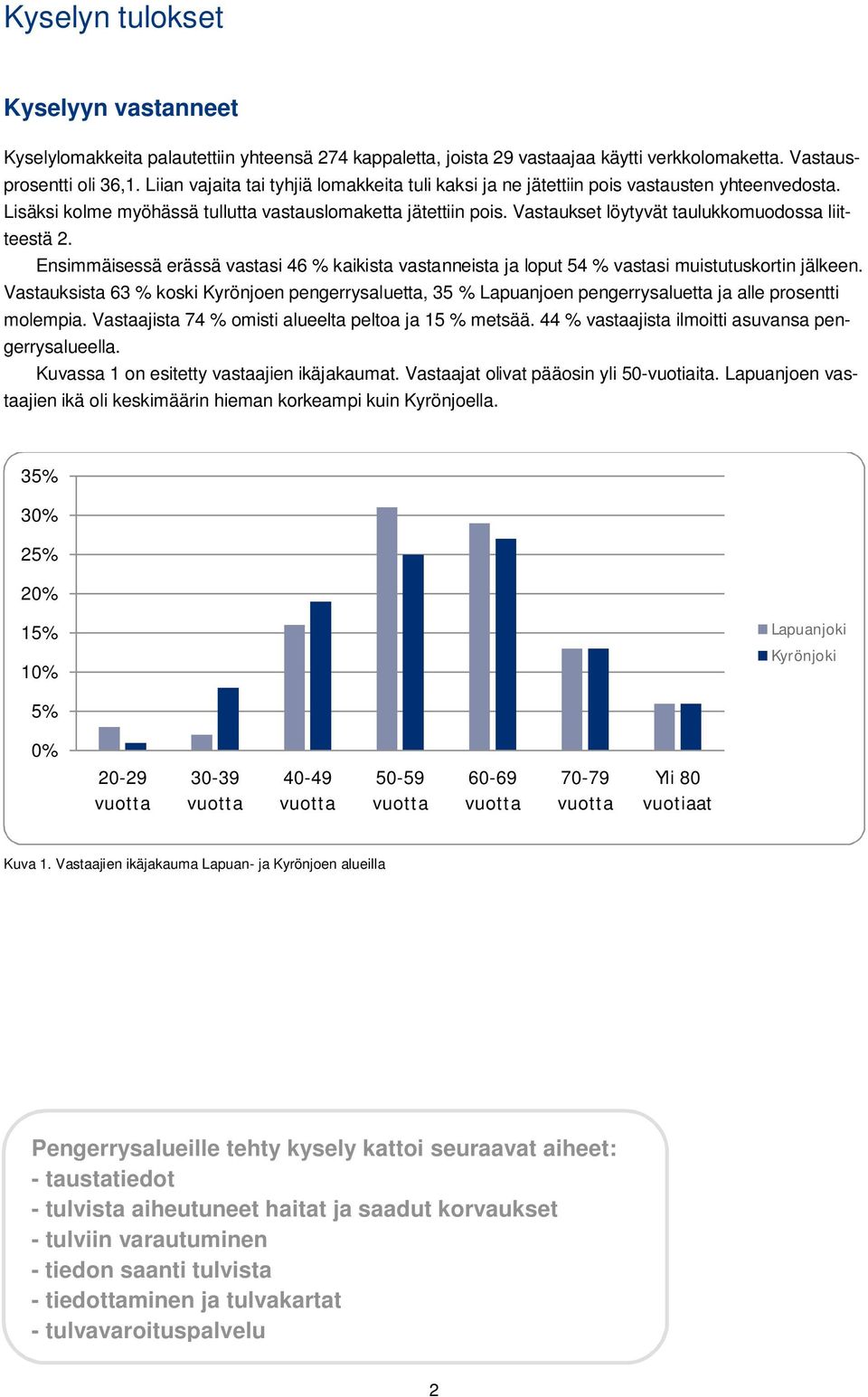 Vastaukset löytyvät taulukkomuodossa liitteestä 2. Ensimmäisessä erässä vastasi 46 % kaikista vastanneista ja loput 54 % vastasi muistutuskortin jälkeen.