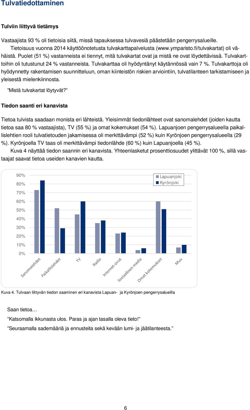 Tulvakarttoihin oli tutustunut 24 % vastanneista. Tulvakarttaa oli hyödyntänyt käytännössä vain 7 %.