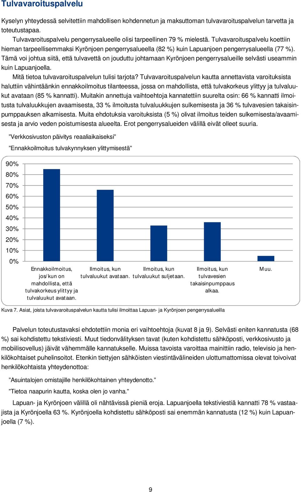 Tulvavaroituspalvelu koettiin hieman tarpeellisemmaksi Kyrönjoen pengerrysalueella (82 %) kuin Lapuanjoen pengerrysalueella (77 %).