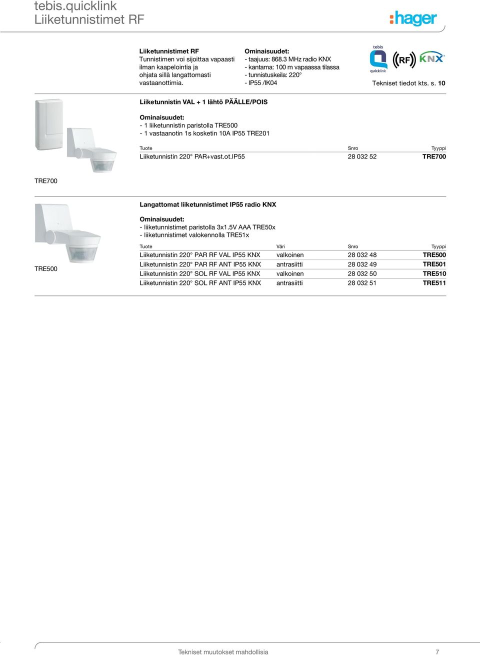 0 iiketunnistin VA + lähtö PÄÄE/POIS - liiketunnistin paristolla TRE500 - vastaanotin s kosketin 0A IP55 TRE0 iiketunnistin 0 PAR+vast.ot.IP55 8 0 5 TRE700 TRE700 angattomat liiketunnistimet IP55 radio KX - liiketunnistimet paristolla x.