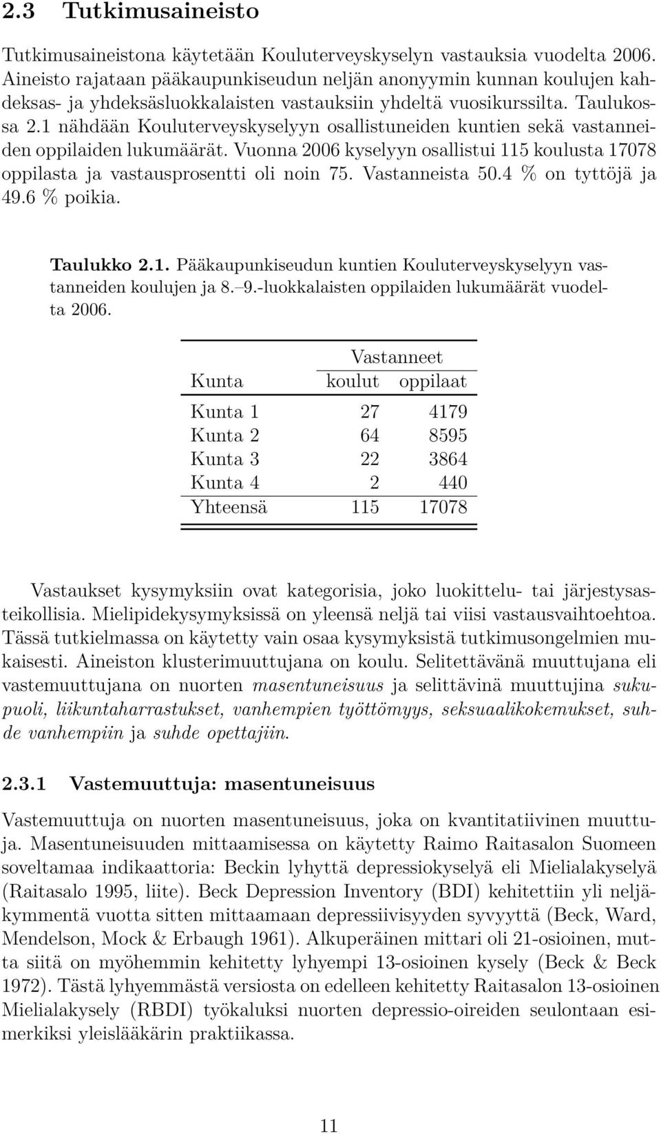 1 nähdään Kouluterveyskyselyyn osallistuneiden kuntien sekä vastanneiden oppilaiden lukumäärät. Vuonna 2006 kyselyyn osallistui 115 koulusta 17078 oppilasta ja vastausprosentti oli noin 75.