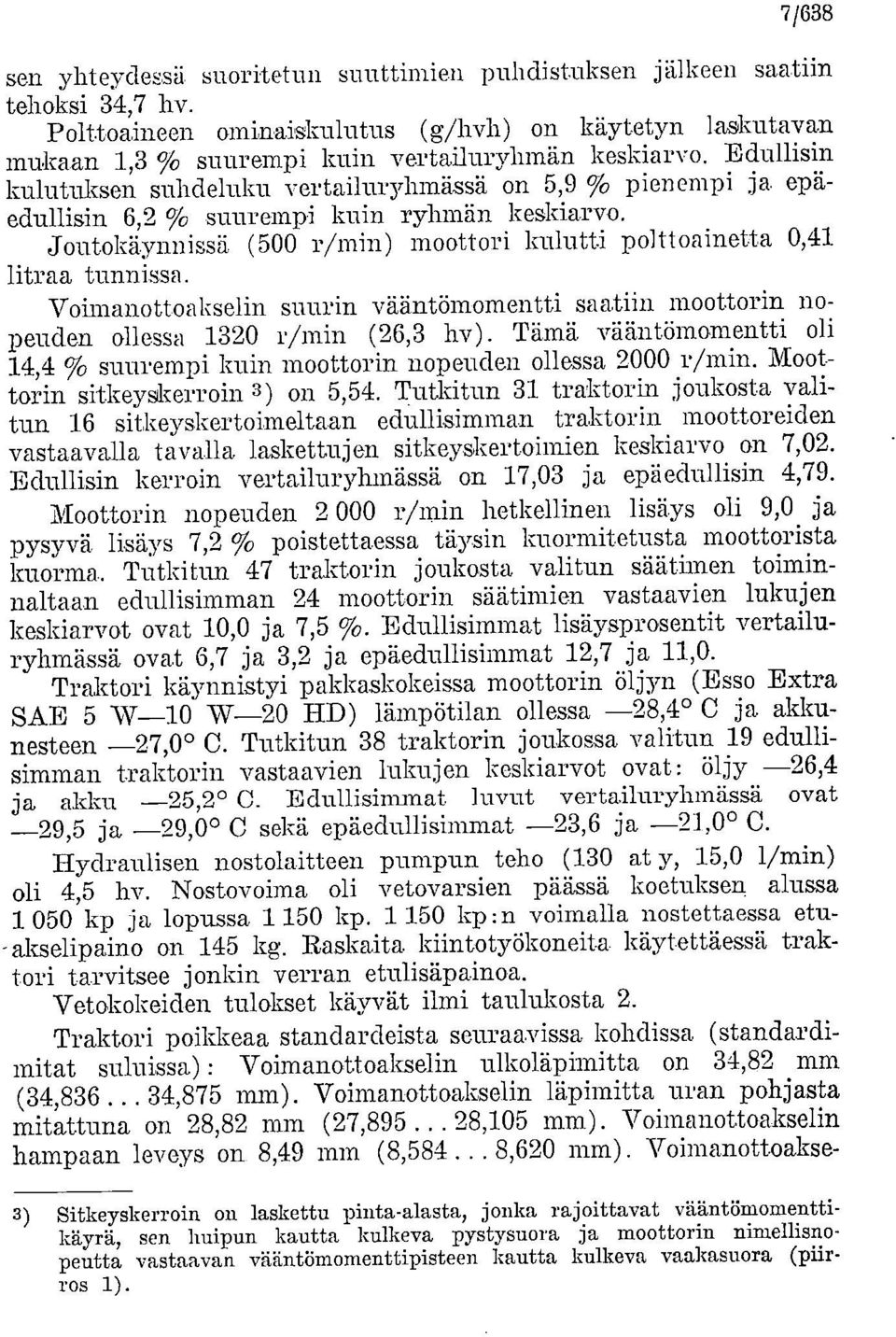 Voimanottoakselin suurin vääntömomentti saatiin moottorin nopeuden ollessa 1320 r/min (26,3 hv). Tämä vääntömomentti oli 14,4 % suurempi kuin moottorin nopeuden ollessa 2000 r/min.