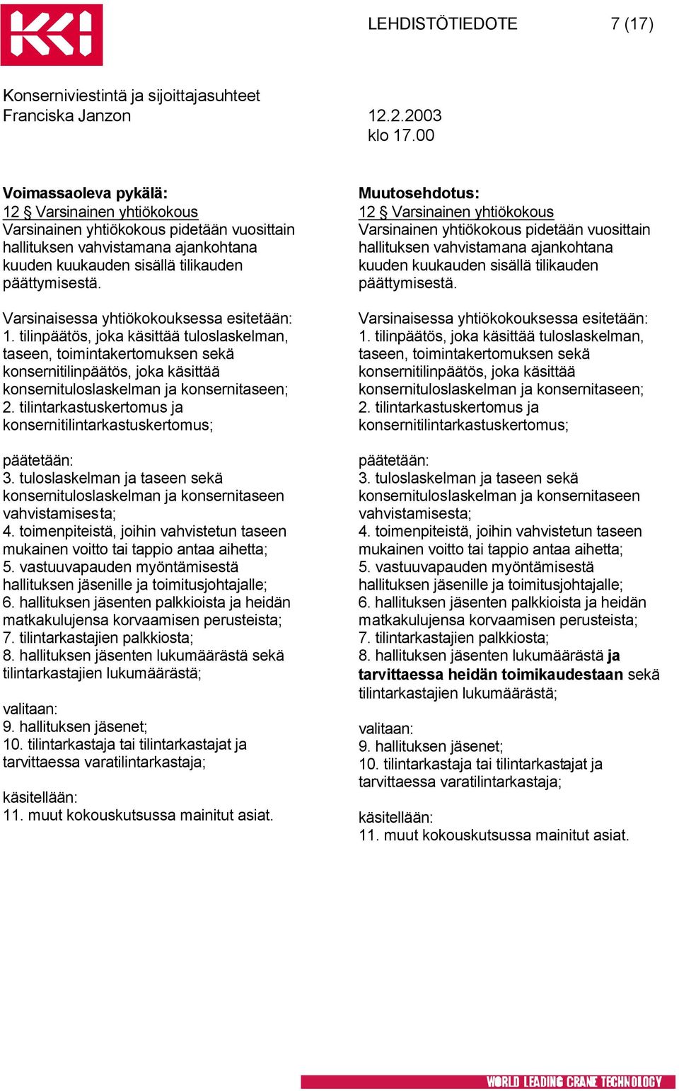 tilinpäätös, joka käsittää tuloslaskelman, taseen, toimintakertomuksen sekä konsernitilinpäätös, joka käsittää konsernituloslaskelman ja konsernitaseen; 2.
