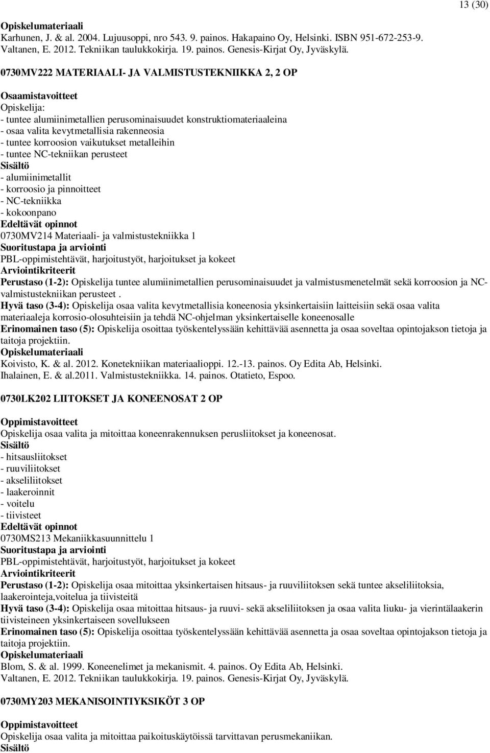 metalleihin - tuntee NC-tekniikan perusteet - alumiinimetallit - korroosio ja pinnoitteet - NC-tekniikka - kokoonpano 0730MV214 Materiaali- ja valmistustekniikka 1 PBL-oppimistehtävät, harjoitustyöt,