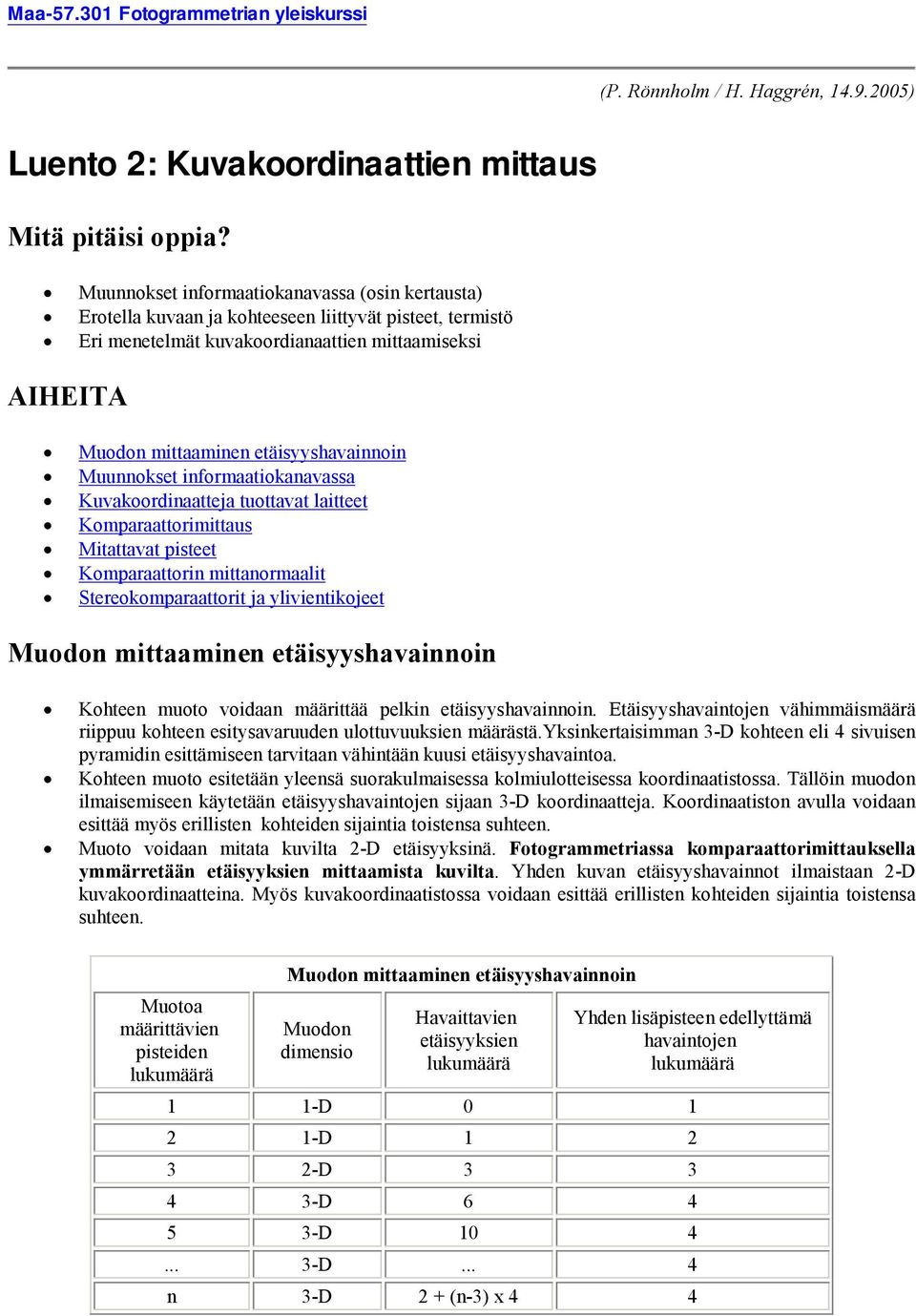 etäisyyshavainnoin Muunnokset informaatiokanavassa Kuvakoordinaatteja tuottavat laitteet Komparaattorimittaus Mitattavat pisteet Komparaattorin mittanormaalit Stereokomparaattorit ja ylivientikojeet