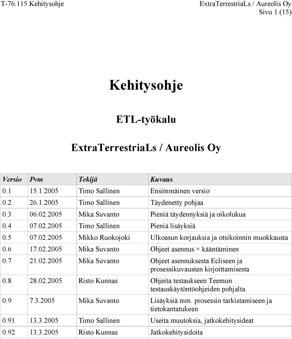 7 21.02.2005 Mika Suvanto Ohjeet asennuksesta Ecliseen ja prosessikuvausten kirjoittamisesta 0.8 28.02.2005 Risto Kunnas Ohjeita testaukseen Teemun testauskäytöntöohjeiden pohjalta 0.9 7.3.