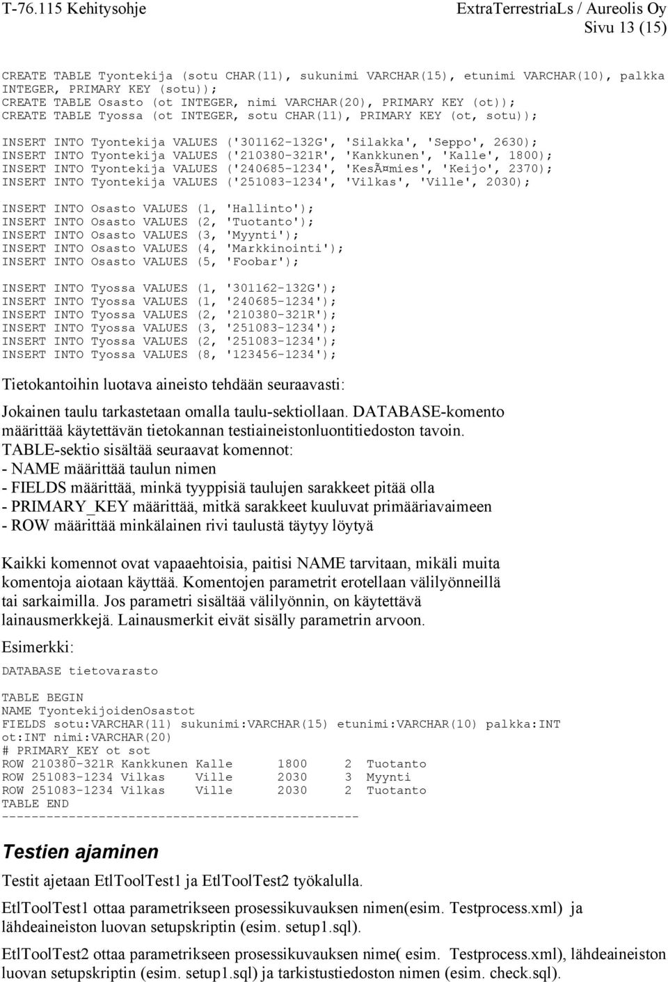 'Kankkunen', 'Kalle', 1800); INSERT INTO Tyontekija VALUES ('240685-1234', 'KesÃ mies', 'Keijo', 2370); INSERT INTO Tyontekija VALUES ('251083-1234', 'Vilkas', 'Ville', 2030); INSERT INTO Osasto
