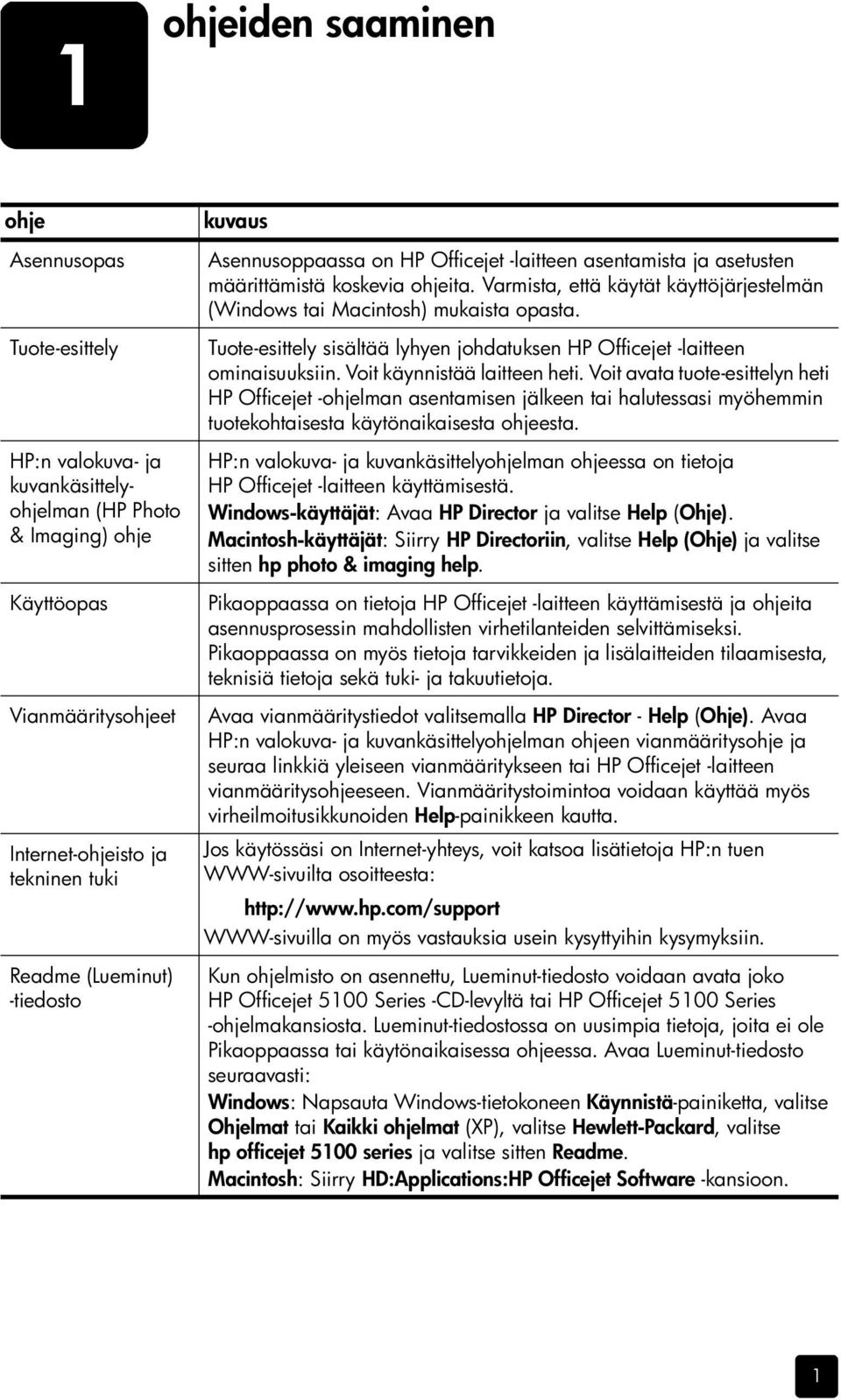 Varmista, että käytät käyttöjärjestelmän (Windows tai Macintosh) mukaista opasta. Tuote-esittely sisältää lyhyen johdatuksen HP Officejet -laitteen ominaisuuksiin. Voit käynnistää laitteen heti.