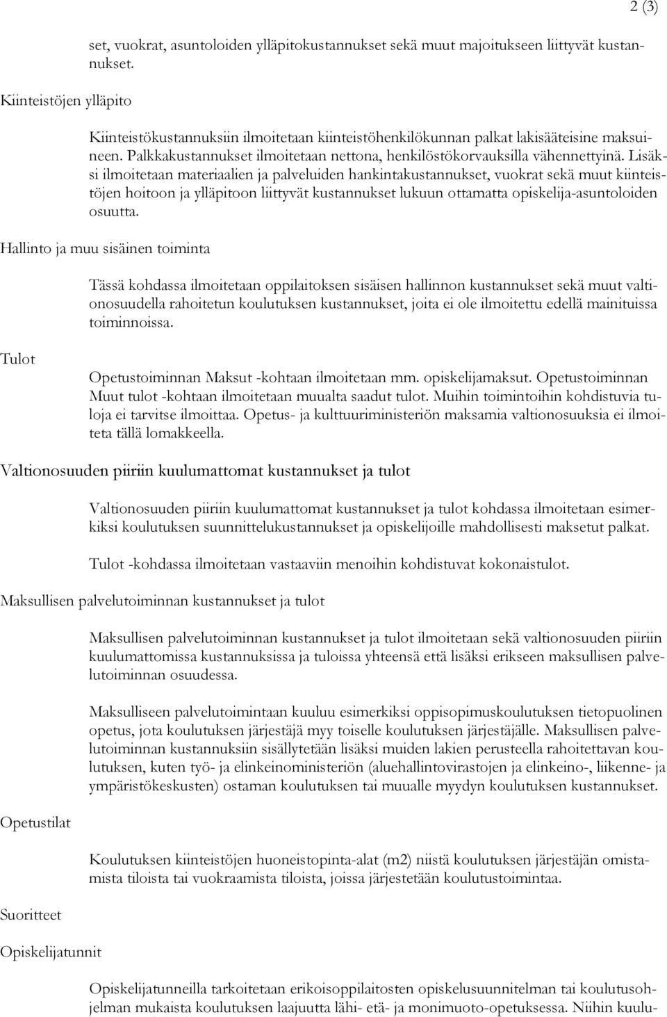 Lisäksi ilmoitetaan materiaalien ja palveluiden hankintakustannukset, vuokrat sekä muut kiinteistöjen hoitoon ja ylläpitoon liittyvät kustannukset lukuun ottamatta opiskelija-asuntoloiden osuutta.