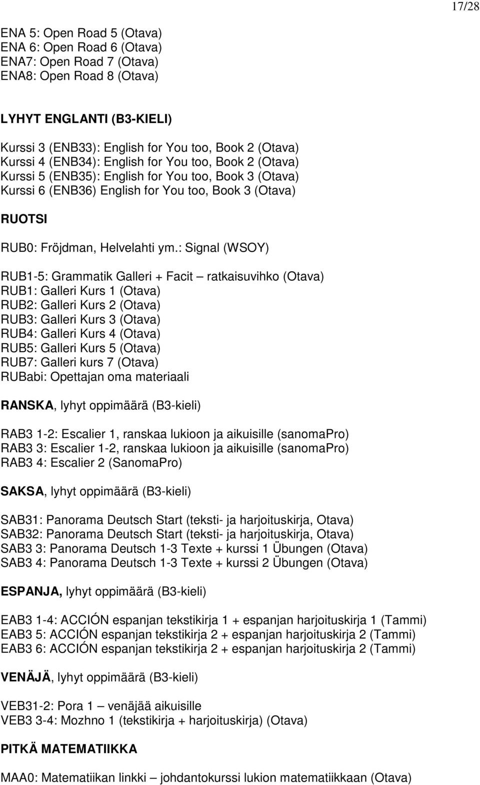 : Signal (WSOY) RUB1-5: Grammatik Galleri + Facit ratkaisuvihko (Otava) RUB1: Galleri Kurs 1 (Otava) RUB2: Galleri Kurs 2 (Otava) RUB3: Galleri Kurs 3 (Otava) RUB4: Galleri Kurs 4 (Otava) RUB5: