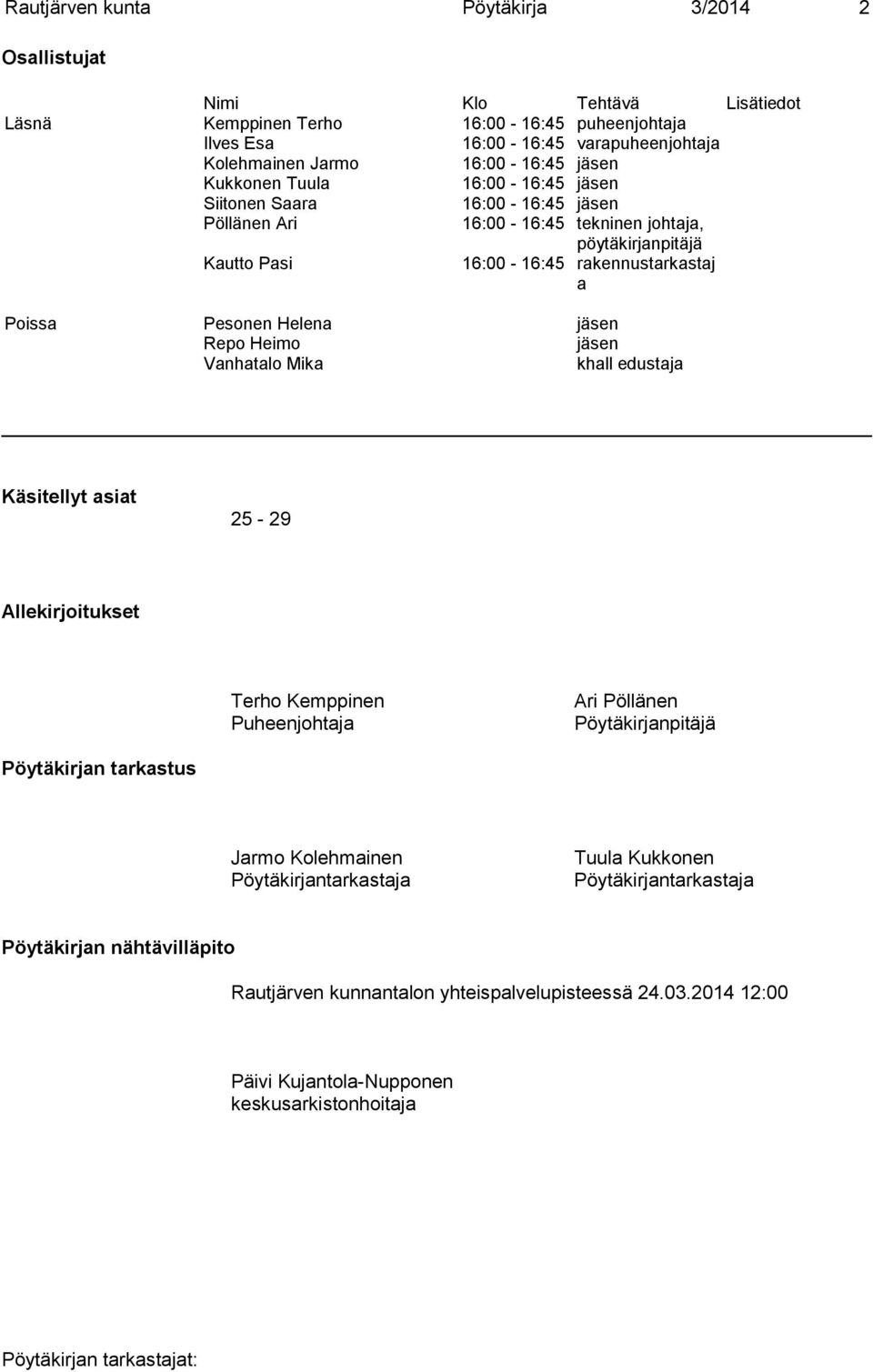 Helena jäsen Repo Heimo jäsen Vanhatalo Mika khall edustaja Käsitellyt asiat 25-29 Allekirjoitukset Terho Kemppinen Puheenjohtaja Ari Pöllänen Pöytäkirjanpitäjä Pöytäkirjan tarkastus Jarmo