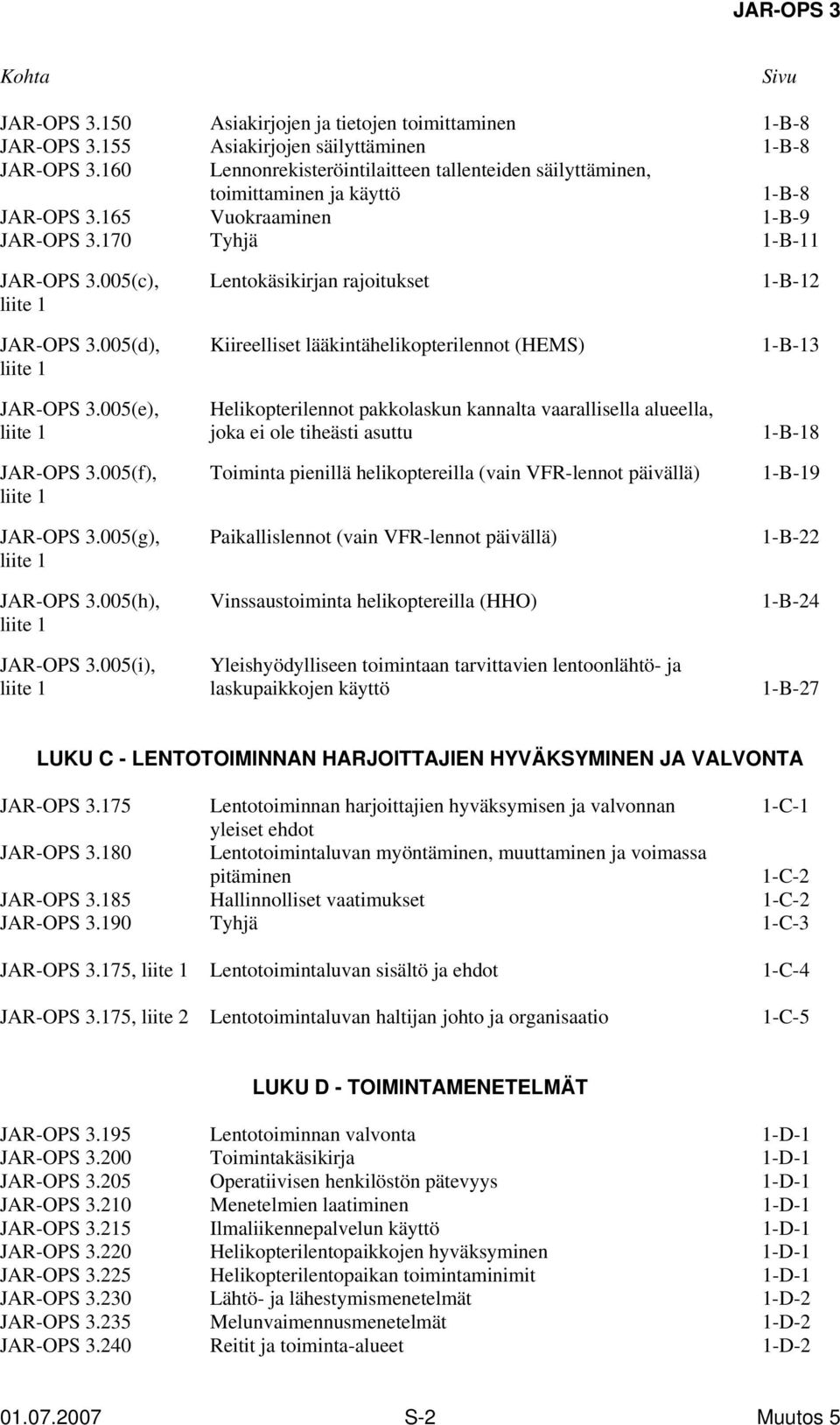 005(c), Lentokäsikirjan rajoitukset 1-B-12 liite 1 JAR-OPS 3.005(d), Kiireelliset lääkintähelikopterilennot (HEMS) 1-B-13 liite 1 JAR-OPS 3.