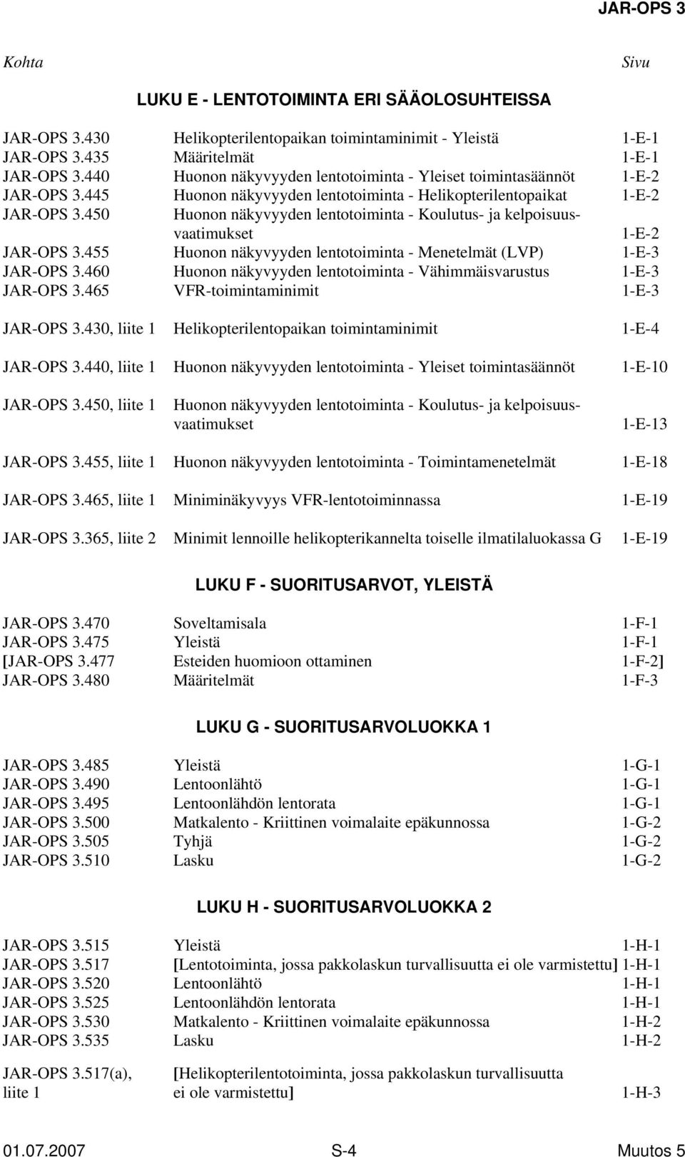 450 Huonon näkyvyyden lentotoiminta - Koulutus- ja kelpoisuusvaatimukset 1-E-2 JAR-OPS 3.455 Huonon näkyvyyden lentotoiminta - Menetelmät (LVP) 1-E-3 JAR-OPS 3.