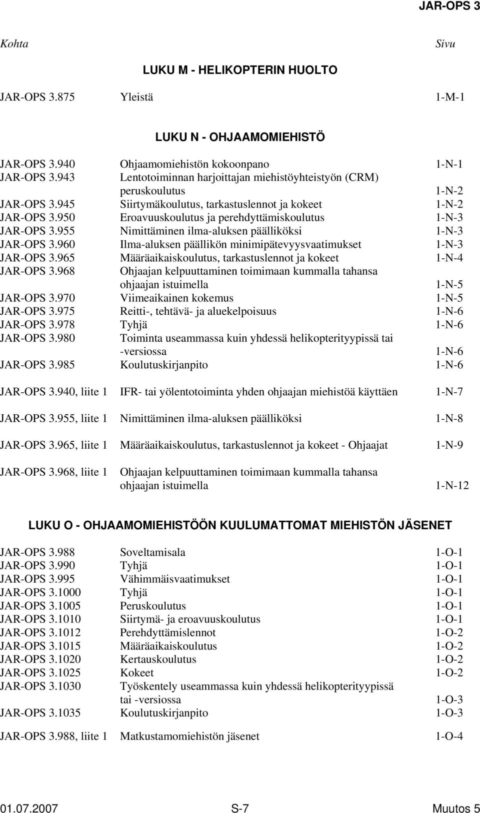 950 Eroavuuskoulutus ja perehdyttämiskoulutus 1-N-3 JAR-OPS 3.955 Nimittäminen ilma-aluksen päälliköksi 1-N-3 JAR-OPS 3.960 Ilma-aluksen päällikön minimipätevyysvaatimukset 1-N-3 JAR-OPS 3.